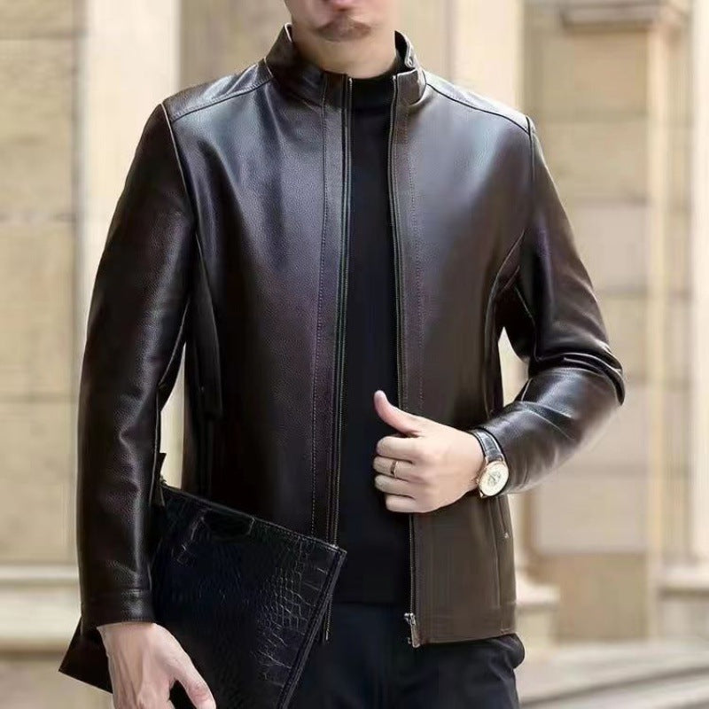 Leather Jacket For Middle-aged Men Leather Clothing With Stand Collar Men Fleece-lined