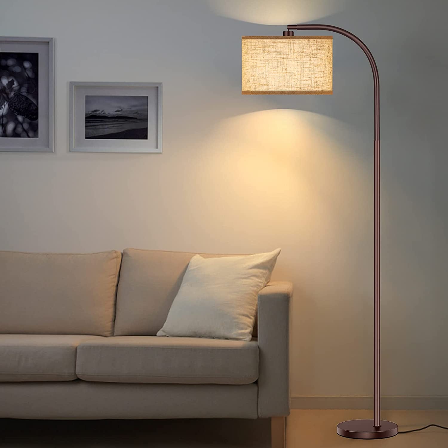 Floor Lamp for Living Room, Oil-Rubbed Bronze LED Standing Lamp with 2 Lamp Shades (Beige/White), Classic Tall Reading Pole Lamp with LED Bulb, Modern Adjustable Floor Lamp for Bedroom Study